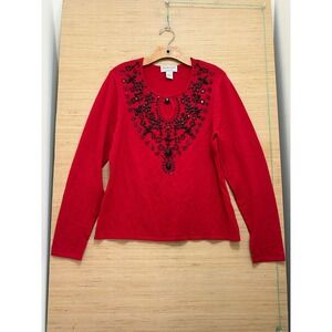 Victor Costa Occasion‎ Red Beaded Keyhole Sweater Long Sleeve Rayon Blend Large